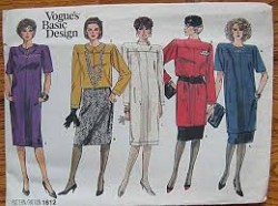 1612 VOGUE SS-LS STRAIGHT DRESS, TUNIC, TOP,  SKIRT PATTERN 8-12 UNCUT